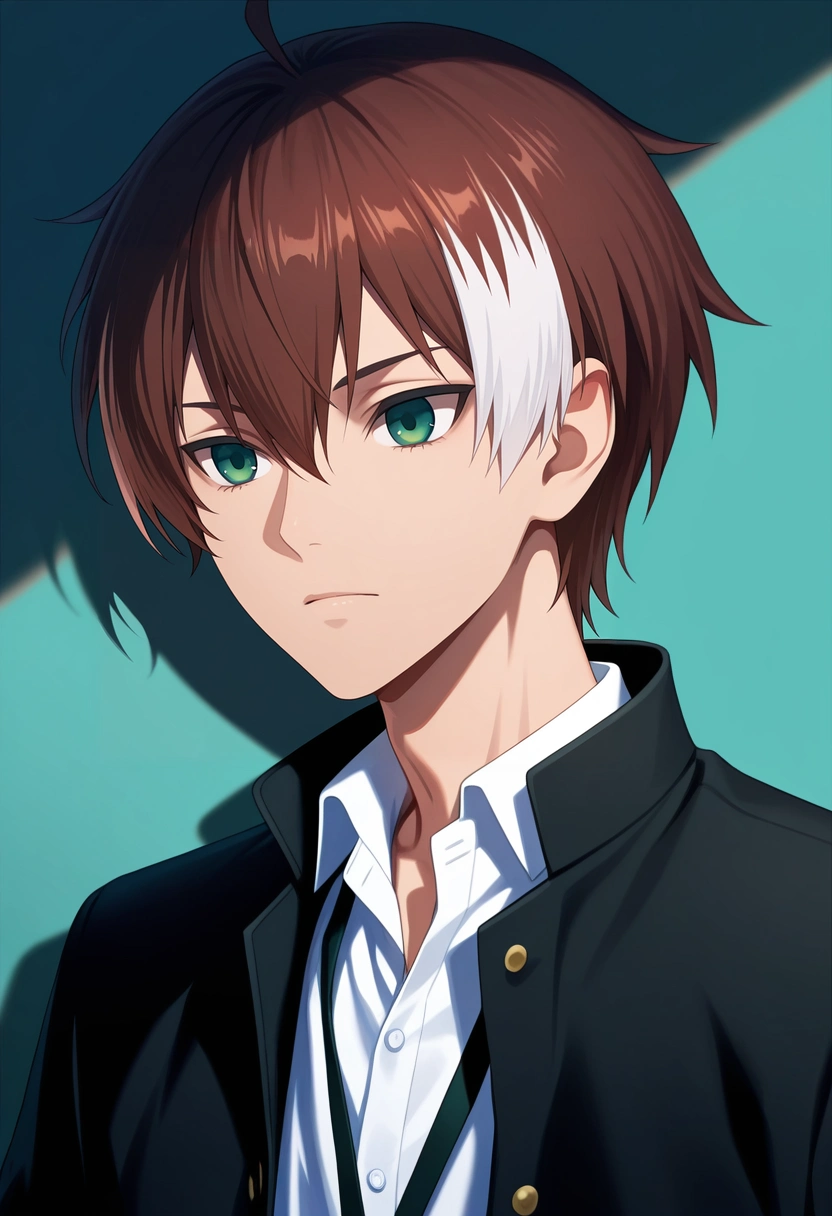 masterpiece, best quality, , (realistic:0.6),, 1boy, solo, male focus, <lora:akatsuki_iride_ilxl:0.92>, akatsuki_iride, brown hair, green eyes, short hair, ahoge, multicolored hair, two-tone hair, white hair, black jacket, white shirt, collared shirt,