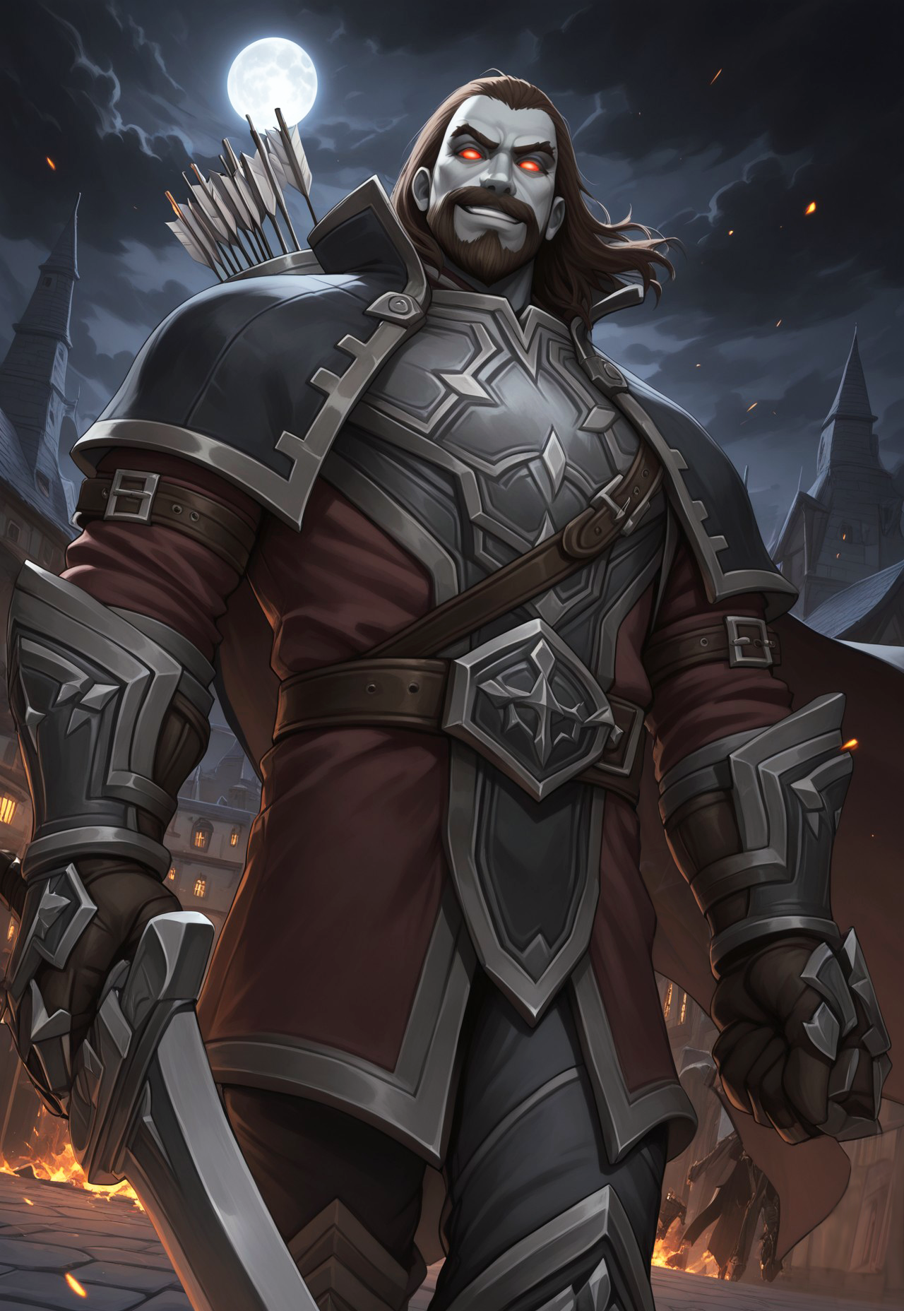 masterpiece, best quality, amazing quality, NathanosBlightcaller, grey skin, red eyes, glowing eyes, medium hair, facial hair, beard, cape, brown hair, armor, looking at viewer, smirk, cowboy shot, gauntlets, belt, dynamic pose, night, dilapidated old town, detailed background, bloom, dutch angle, sparks, dark clouds, quiver, walking towards viewer, gust of wind, moon, fire, holding a sword, below view,