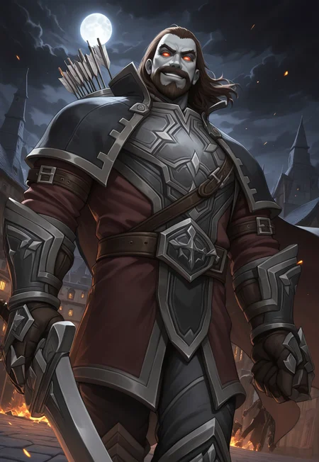 masterpiece, best quality, amazing quality, NathanosBlightcaller, grey skin, red eyes, glowing eyes, medium hair, facial hair, beard, cape, brown hair, armor, looking at viewer, smirk, cowboy shot, gauntlets, belt, dynamic pose, night, dilapidated old town, detailed background, bloom, dutch angle, sparks, dark clouds, quiver, walking towards viewer, gust of wind, moon, fire, holding a sword, below view,