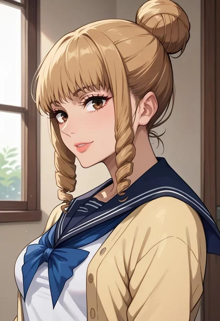 anime artwork, score_9, score_8_up, score_7_up, score_6_up, score_5_up, solo, perfect eyes, detailed eyes, beautiful female, detailed face, dynamics lines, 20 year old, perfect beautiful face, long eyelashes, sharp eyes pupils, room, (upper body:1.5), medium breasts, wide hips, hips,,1 girl, brown hair, drill hair, hair bun, bangs, brown eyes, school uniform, yellow cardigan, open cardigan, serafuku, blue sailor collar, smile, looking at the viewer, side view