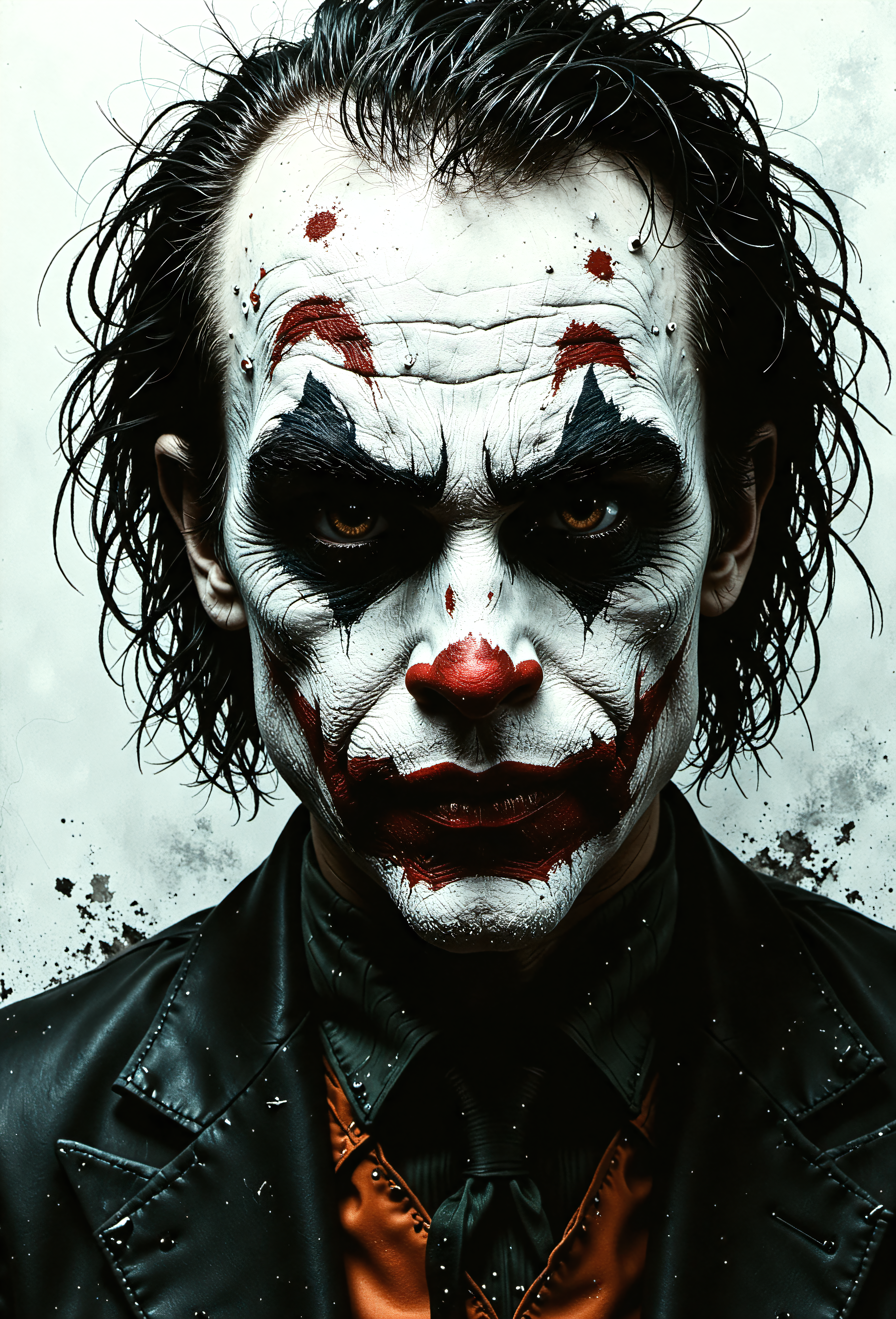the Joker, portrait, energetically expressive, sad demeanor, evil intentions, bold brushstrokes, vibrant colors, exaggerated facial features, menacing smile, dark eyeliner, pale skin, red lips, chaotic background, abstract shapes, dynamic composition, high contrast, dramatic lighting, intense gaze, sinister atmosphere devast8_V2