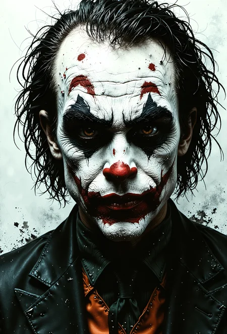 the Joker, portrait, energetically expressive, sad demeanor, evil intentions, bold brushstrokes, vibrant colors, exaggerated facial features, menacing smile, dark eyeliner, pale skin, red lips, chaotic background, abstract shapes, dynamic composition, high contrast, dramatic lighting, intense gaze, sinister atmosphere devast8_V2