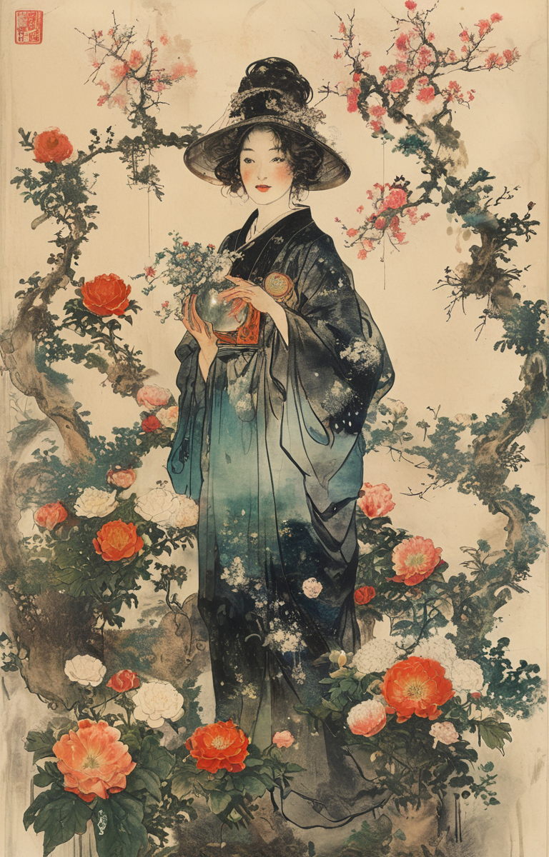masterpiece,best quality,<lora:tbh162-sdxl:0.9>,illustration,style of Kawanabe Kyosai, A bottle of perfume in garden