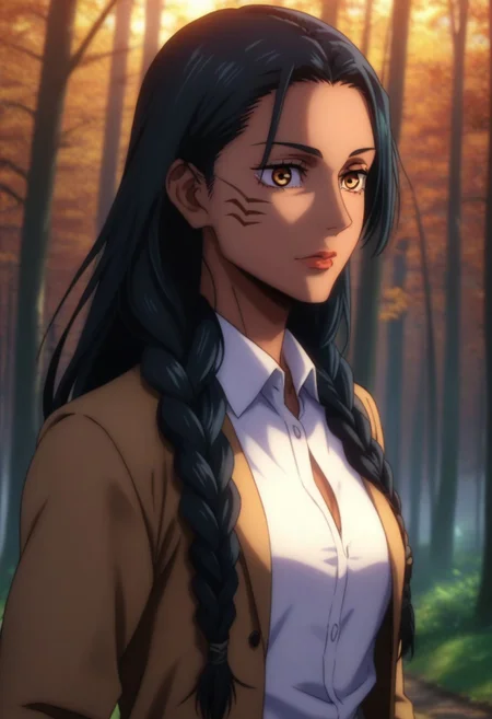 score_9, score_8_up, score_7_up, source_anime, intricate details, anime screencap, perfect balance, official art, extremely detailed CG unity 8k wallpaper, perfect lighting, Colorful, Warm_Front_face_Lighting, (masterpiece:1.0),(best_quality:1.0), ultra high res,4K,ultra-detailed, photography, 8K, HDR, highres, absurdres:1.2, Kodak portra 400, blurry background, bokeh, lens flare, (Anime) (vibrant_color:1.2), professional photograph, night, (good_face:1.2), 2d, anime, upper body, intricate iris, American, Professional character design, 1girl, female focus, (Orange amber eyes), perfect eyes, (black-hair), tanned skin, dark skin, Native American, Indigenous, American Indian, Tribal, feathers, Tribal_braids, Decorated_braids, white dress shirt, bolo tie, black_leather_jacket, Black-Western-Fringe-Jacket, youthful, solo, jujutsu_kaisen_style, character portrait, (perfect-lighting, lens flare), face, torso, (Friendly), young, (redwood forest, nature), (Dark-black-hair), Long hair, Wild hair, feathered hair, tanned skin, Native American, Indigenous, American Indian, Tribal, feathers, Tribal_braids, Decorated_braids, Feathers-in-braids, white dress shirt, (bolo-tie), Black-Leather-Fringed Jacket, (Black-Fringed-Jacket), wild, animalistic, energetic, hyper, North American, Shimmering-Eyes, Admiration, Pride, (Red, Orange, Yellow, Black) almond-shaped eyes, high cheekbones, strong jawline, (Black Hair)