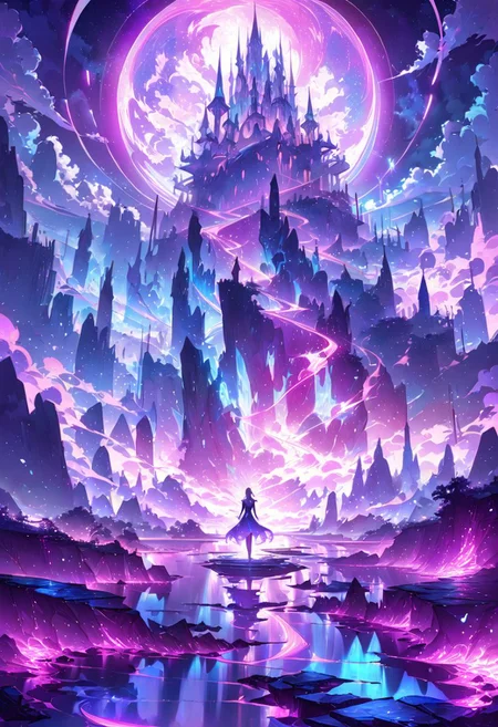 serene night, beautiful sky, dancing silhouette, Complex landscape, best quality, pastel colors, light blue tint, aesthetic Ethereal, Effulgent, Idyllic atmosphere, Tranquil, ethereal quality, cinematic volume, Twinkling lighting, glowing aura, global illumination, glowneon, Anisotropic Filtering, Unrivaled Opus, Unconventional, hyper detailed, HDR,