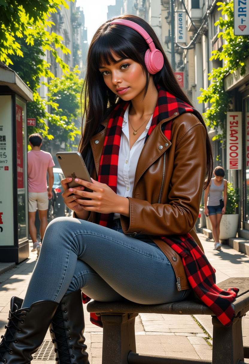  smiling, she is approximately 18 years old,full body view, dynamic angles, multiple angles, photoshoot poses; A photo of T@sha, a young woman with black hair, wearing a white shirt and earrings. wearing a gold necklace, and red and black checkered scarf, a brown leather jacket, blue denim jeans and black boots, she is wearing pink headphones, looking down at the iphone in her hands. She is sitting on a bench, waiting for a bus, a beautiful park is in the background,  is painted in a realistic style, she is in a white room, she is posing for the camera with a smile on her face.  The painting captures her smiling expression and the details of her outfit. which adds to the focus on the girl's face and her outfit. The overall composition is a beautifully rendered portrait of a young girl. 32k UHD, expressive eyes, punk, graphic design, girl's face, pretty and cute, gleaming lips, telling a tale of adventure. Exuding confidence and serenity. The overall mood of the image is happy and relaxed,detailed skin texture,(blush:0.2),(goosebumps:0.3),subsurface scattering,with a playful and whimsical tone, Detailed hand, perfect hands, Niji style, retro50s_style, 