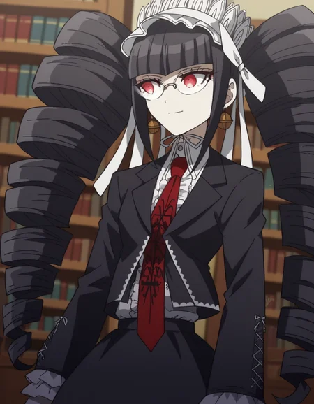 score_9, score_8_up, score_7_up, source_anime, <lora:celestia-ludenberg-s1-ponyxl-lora-nochekaiser:1>, celestia ludenberg, long hair, bangs, black hair, red eyes, long sleeves, twintails, drill hair, twin drills,, skirt, shirt, black hair, long sleeves, jewelry, jacket, earrings, frills, necktie, black skirt, black jacket, red necktie, bonnet, print necktie,, library, reading books, glasses, quiet, focused, shelves of books, smile, , hand making a fist, solo,, cowboy shot, dutch angle