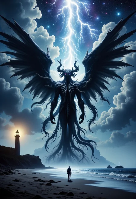 rising of the ocean on a dark night a giant human body walking towards the sailor with kraken head with a lot of kraken giant tentacles coming out of your head, extra large dark wings, cthulhu, shadow. a diagonal flash of a lightning bolt tearing the scene, a sailor figure, almost tiny in size is standing still on the edge of the beach looking at the ocean. in the left corner of the scene is a lighthouse with a yellow light focused on the ocean reflecting in the water on an island in the ocean. on the sky a arm of he vialact, In the sky a galaxy full of stars, dark atmosphere. terror and horror feeling.