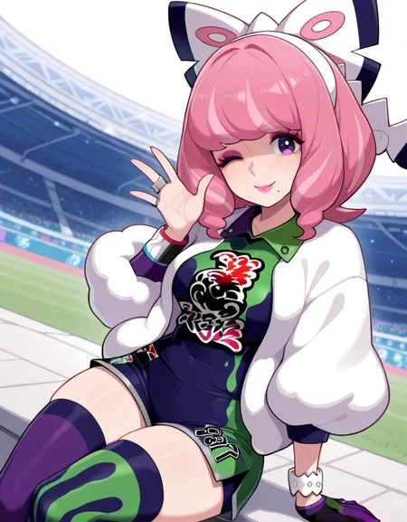 masterpiece, best quality, amazing quality, very aesthetic, absurdres, newest, detailed background, 4k, 8k, outdoors,
klaraxd, 1girl, mole under mouth, solo, pink hair, single glove, mole, one eye closed, jewelry, gloves, thighhighs, shorts, ring, pink eyeshadow, makeup, pink lips, shirt, purple eyes, jacket, eyeshadow, bracelet, dynamax band, collared shirt, white background, white jacket, mismatched legwear, smile, asymmetrical legwear, looking at viewer, bangs, sitting
<lora:Klara_-_Pokemon_Illustrious:1>