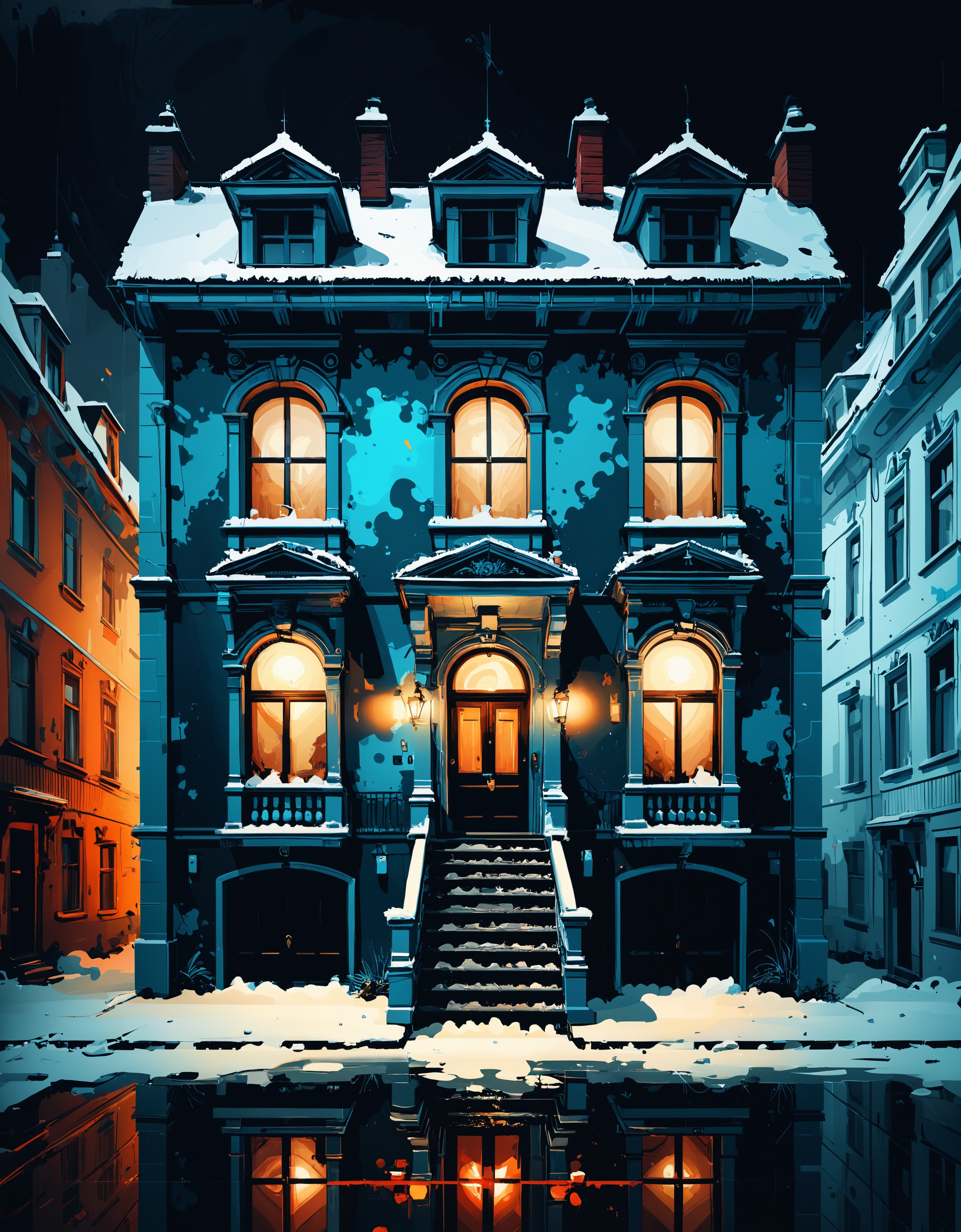 zavy-ngtvpnt, painting, (Townhouse:1.1) , Vile, it is with Vintage designs, it is made from Polyurethane, Panorama, Icepunk, flat lighting, Selective focus, Oversaturated, delicate, excellent composition, stunning, original, highly contrasted, dynamic, fine detail, perfect symmetry, enhanced quality