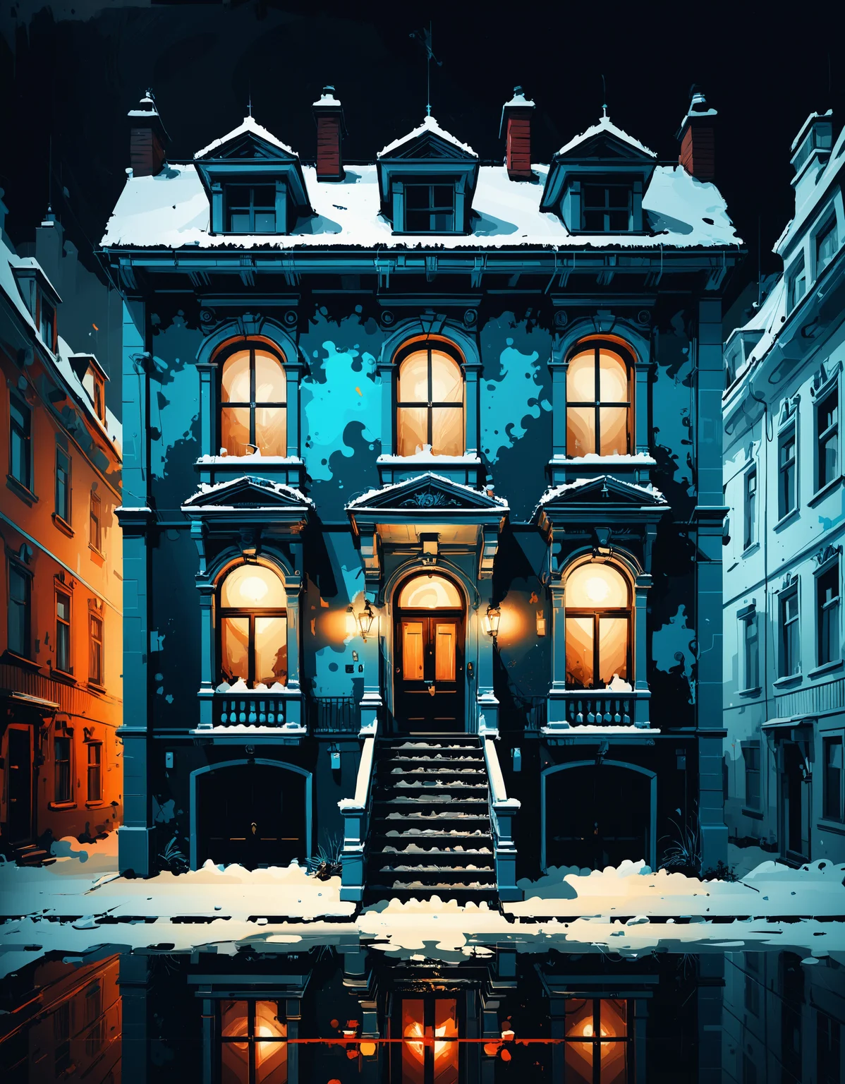 zavy-ngtvpnt, painting, (Townhouse:1.1) , Vile, it is with Vintage designs, it is made from Polyurethane, Panorama, Icepunk, flat lighting, Selective focus, Oversaturated, delicate, excellent composition, stunning, original, highly contrasted, dynamic, fine detail, perfect symmetry, enhanced quality