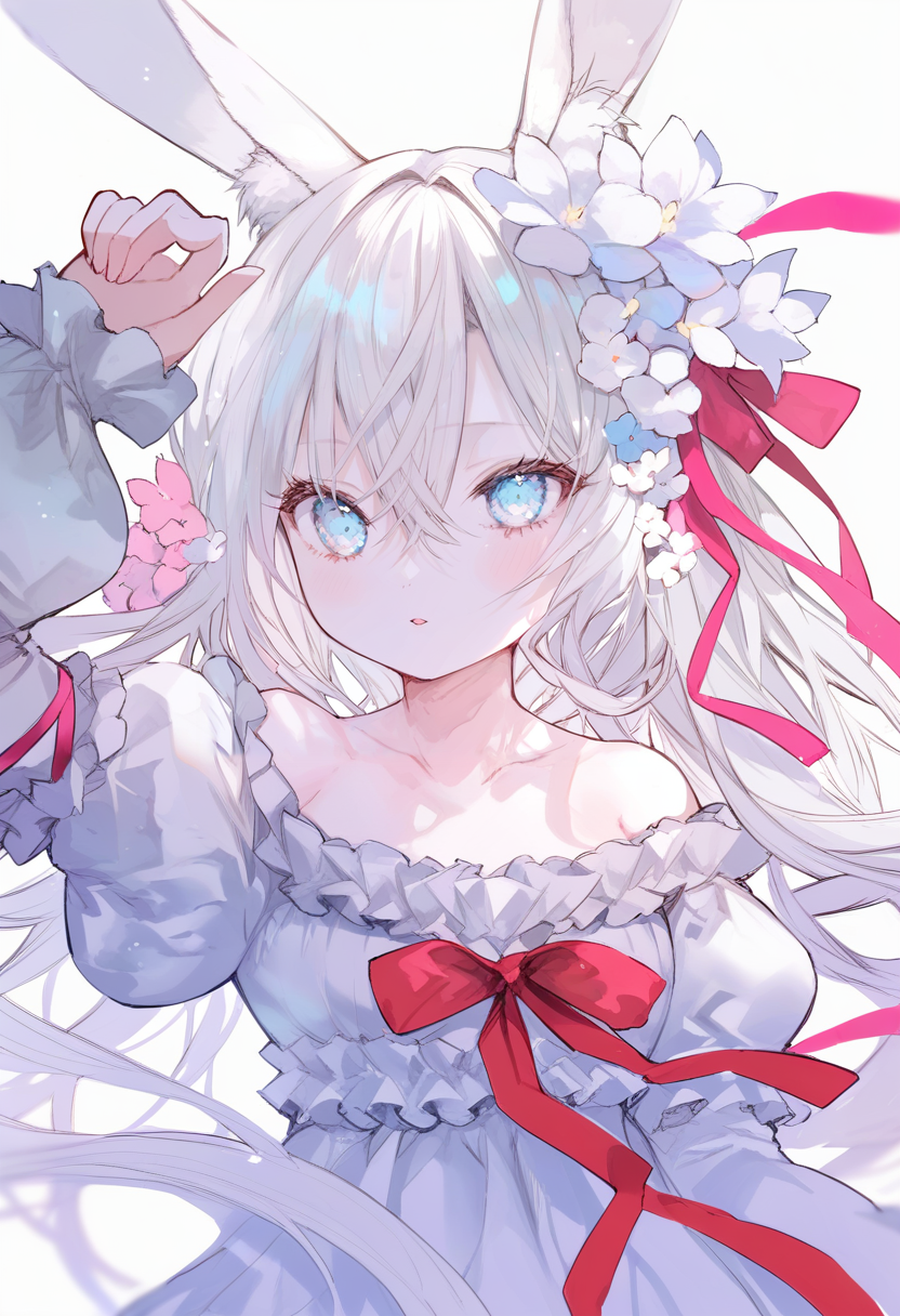 score_9, score_8_up, score_7_up, score_6_up, <lora:oninekoXL_TPN55_lokr_V43P1:0.95>   1girl, animal ears, solo, hair flower, rabbit ears, flower, long hair, hair ornament, dress, long sleeves, ribbon, white dress, looking at viewer, white hair, white background, puffy sleeves, blue eyes, collarbone, hair between eyes, off shoulder, red ribbon, blush, simple background, white flower, arm up, frills, rabbit girl, animal ear fluff, upper body, very long hair, parted lips, pink ribbon