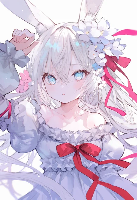 score_9, score_8_up, score_7_up, score_6_up, <lora:oninekoXL_TPN55_lokr_V43P1:0.95> 1girl, animal ears, solo, hair flower, rabbit ears, flower, long hair, hair ornament, dress, long sleeves, ribbon, white dress, looking at viewer, white hair, white background, puffy sleeves, blue eyes, collarbone, hair between eyes, off shoulder, red ribbon, blush, simple background, white flower, arm up, frills, rabbit girl, animal ear fluff, upper body, very long hair, parted lips, pink ribbon