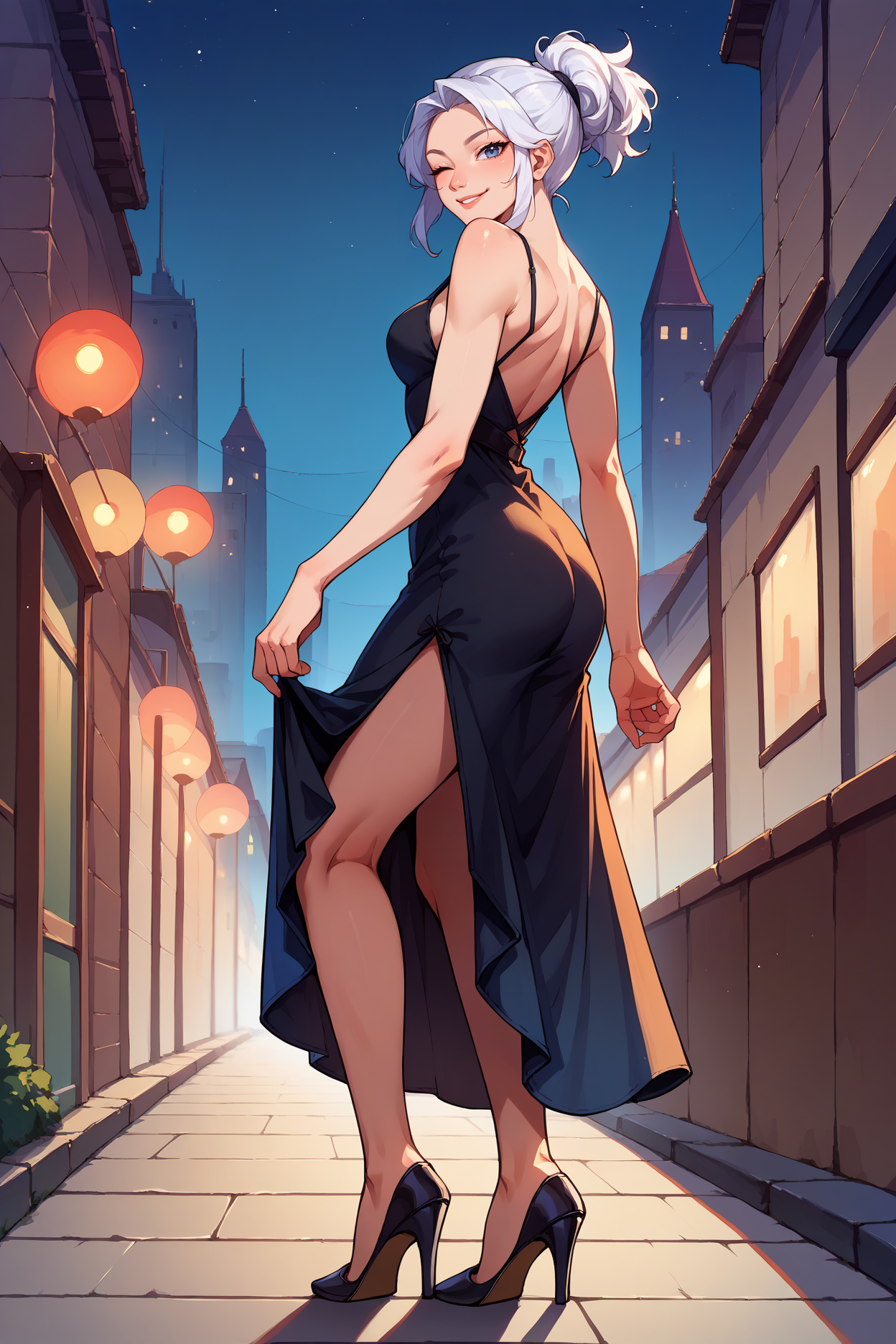 score_9, score_8_up, score_7_up, score_6_up, source_anime, 1girl, solo  <lora:valorantjett-pdxl-nvwls-v1-000005:1> valJett, white hair, short ponytail, grey eyes, blue eyes, black dress, long dress, ass, from side, medium breasts, high heels, full body, city, night, wink, smile, looking at you