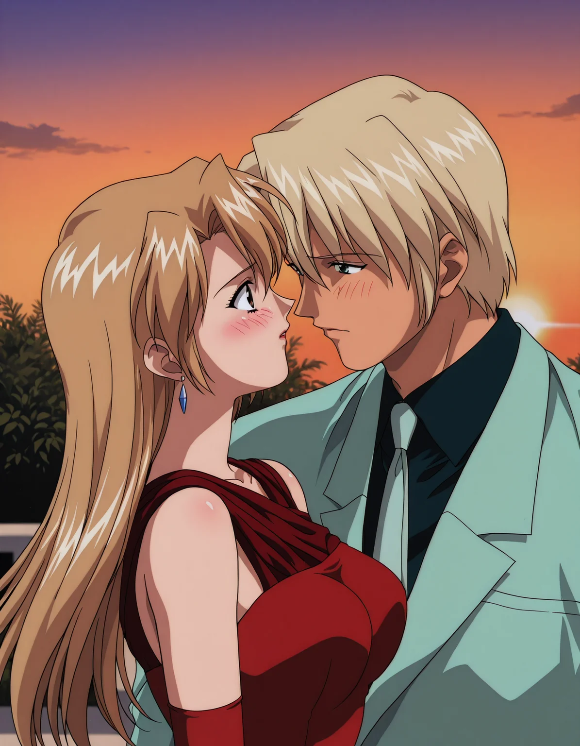 1girl, 1boy, <lora:aika-illustrious-v3:0.9> a1ka, hair down, sleeveless dress, red dress, elbow gloves, fak3d3lm0ag3nt, green suit, blonde hair, sunset, face-to-face, blush, upper body