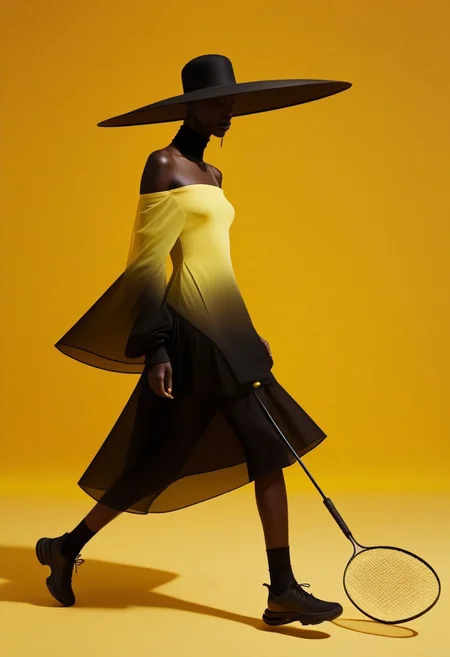 aaAR7fl,masterpiece,highres,best quality,best aesthetic, intriguing details, Rick Owens fashion campaign, haute couture,1girl, solo, off shoulders, glowing necklace, see-through, wide brim hat, swing a badminton racket, yellow gradient background, in style of Tim Walker, black Organic-shaped dress, explicit, dynamic,