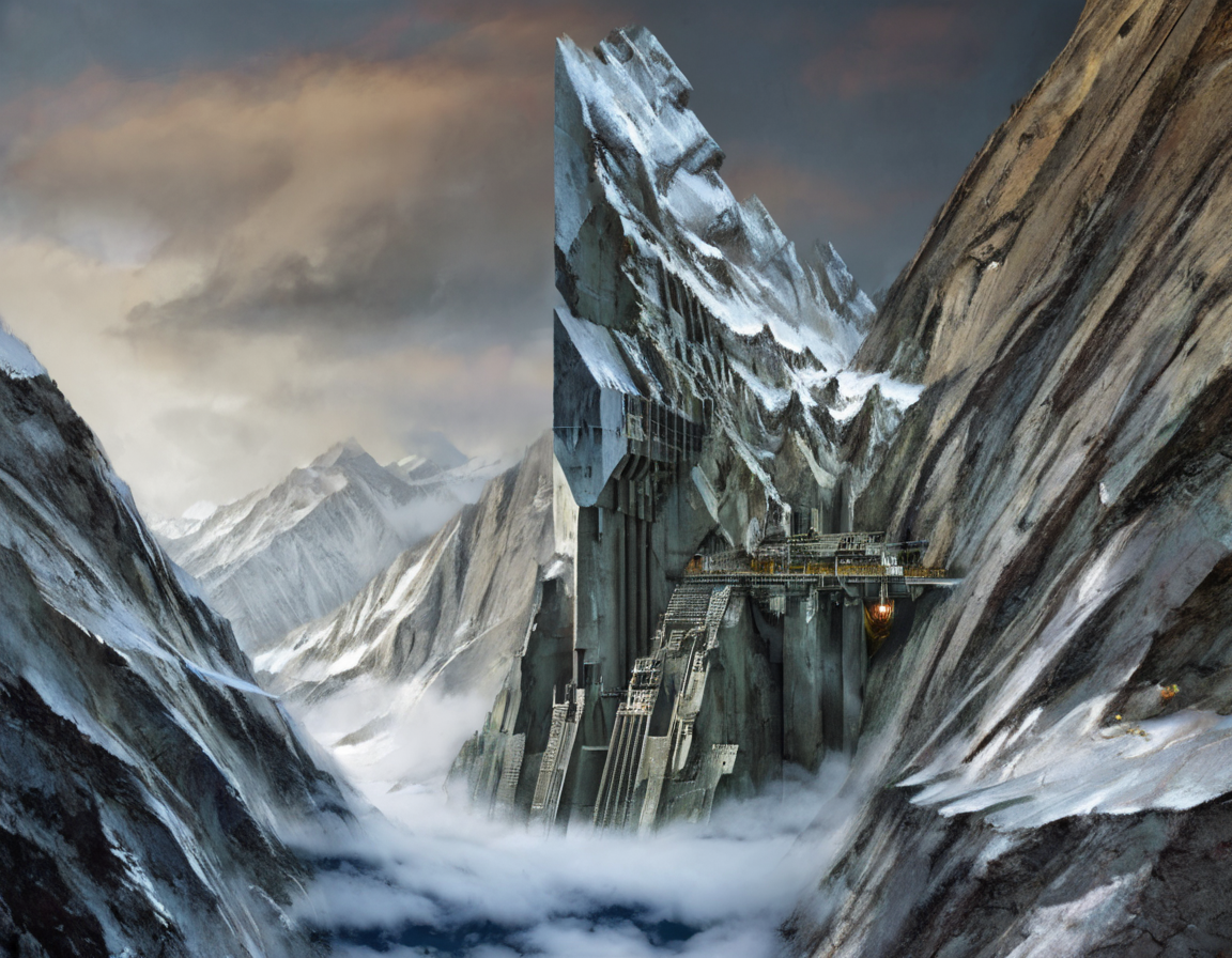 <lora:dand:0.8>dand, structure built into mountain, cold, 30,000 ft above sea level,