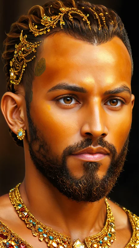 Intricate picture of <lora:miguel_bojorquez:1>, a tawny, tan colored Hispanic man with a full beard and a receding hairline, portrait made of a golden illustration with deep, dark shimmering colors and shiny jewels with intricate details, <lora:xl_more_art-full_v1:1>, <lora:extremely_detailed:0.4>, <lora:add-detail-xl:1>. <lora:Roboticizer:1>