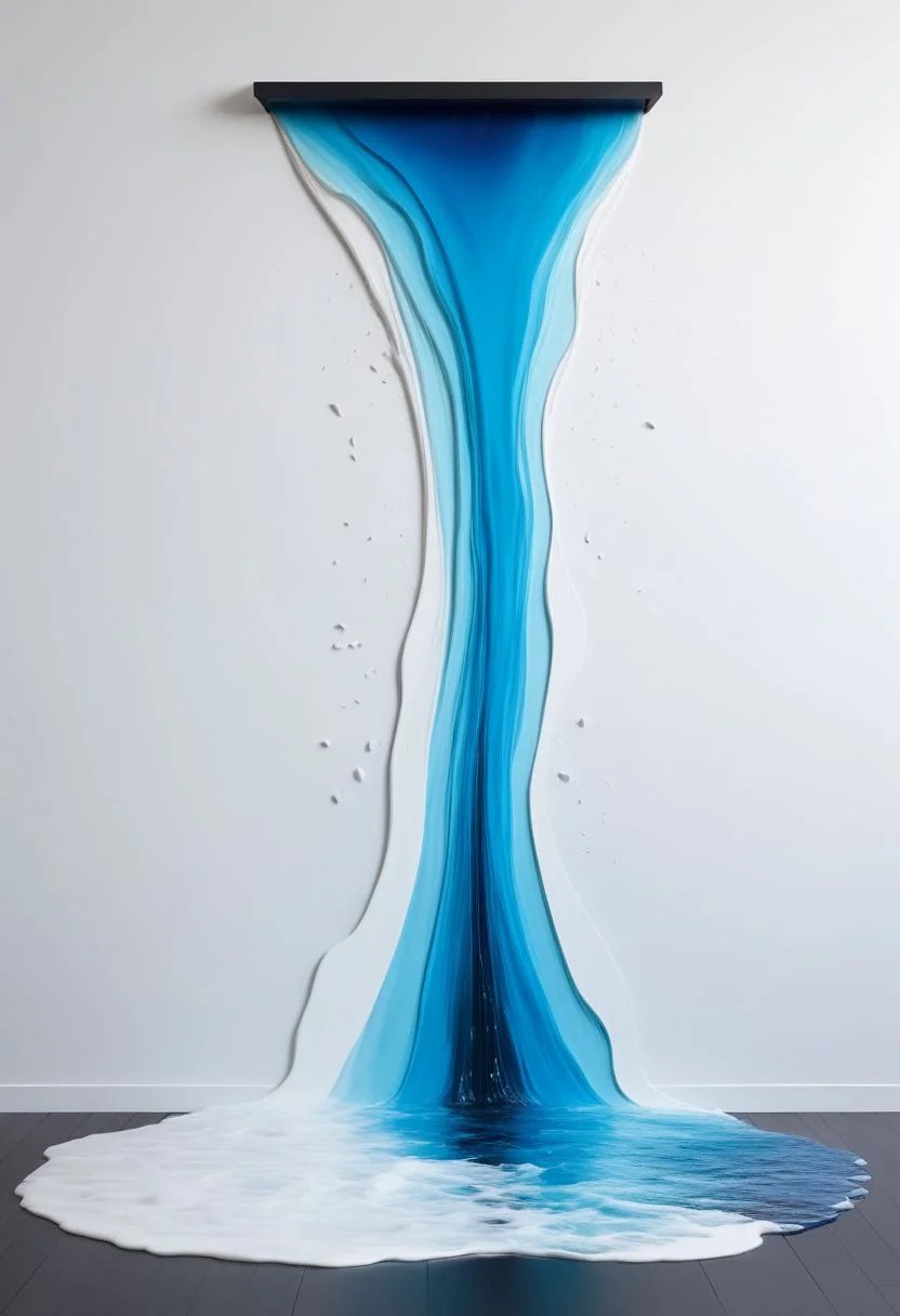 A captivating conceptual artwork featuring a minimalist gallery space, a mermaid getting flushed out of the painting into a the real world, with a monochrome fluid flowing from a painting on the wall, transitioning into a vibrant, colorful stream resembling a river meandering through the space. Breaking the 4th wall.
The main focus is on the monochrome fluid flowing from a painting on the wall, gradually transitioning into a vibrant, colorful stream resembling a river, symbolizing creativity and the power of art. The atmosphere is serene, inviting contemplation of artistic expression and the transformative nature of color.
Background: A minimalist gallery space with clean lines and neutral colors to contrast with the explosion of vibrant colors from the fluid.
Color: Monochrome at the beginning with a gradual transition to vibrant, colorful tones as the fluid reaches the floor.
Lighting: Soft, ambient lighting to enhance the serene atmosphere and highlight the colors of the flowing fluid.