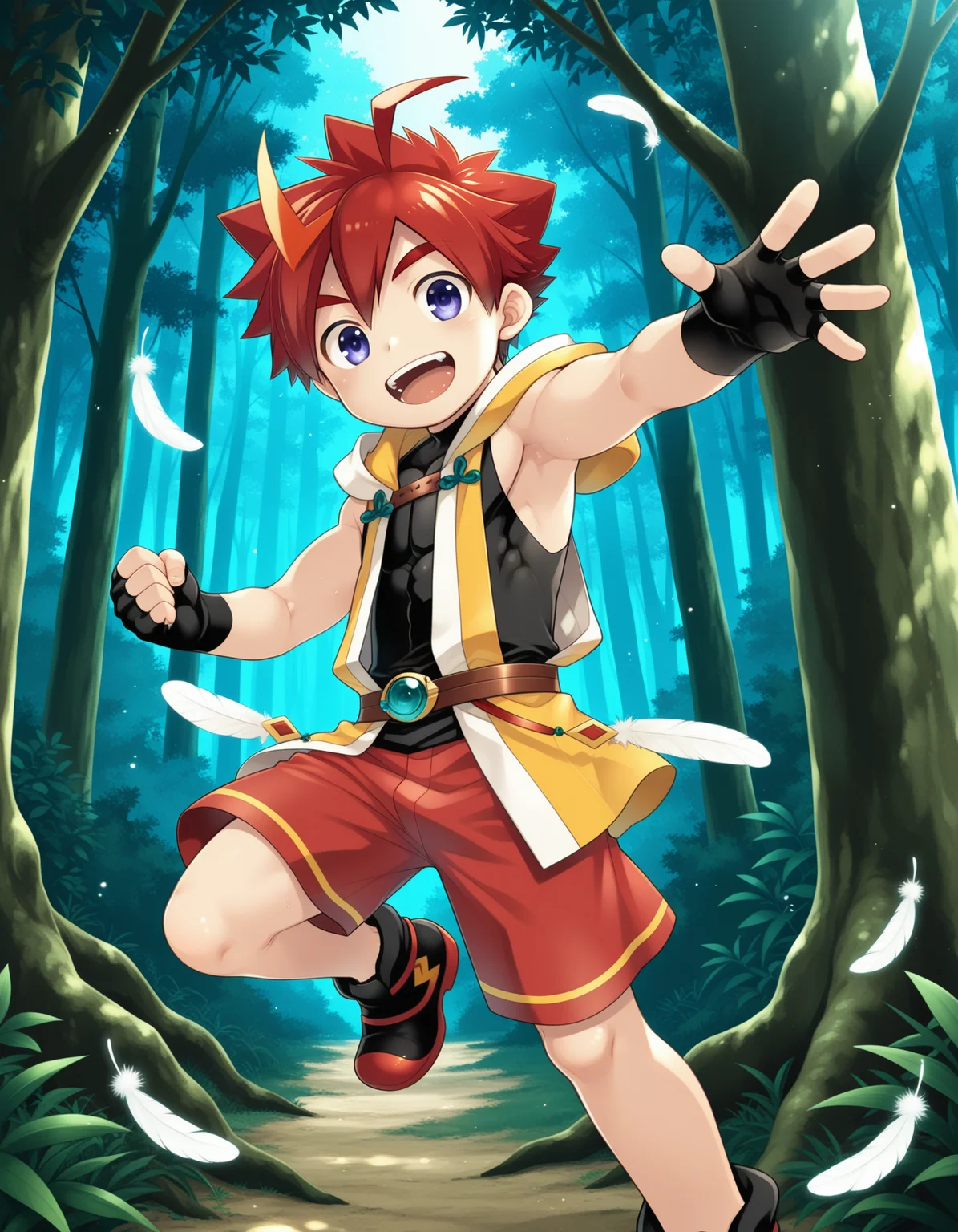masterpiece,best quality,amazing quality
BREAK
izumi,solo,1boy,  smile, open mouth, gloves,blue purple eyes, ahoge, male focus, multicolored hair, red hair,  shorts, shoes, sleeveless, black gloves, hood, fingerless gloves,, feathers,  red shorts,forest
BREAK
<lora:izumi_ill_hassaku_896_1152_v1:1>