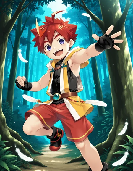 masterpiece,best quality,amazing quality
BREAK
izumi,solo,1boy,  smile, open mouth, gloves,blue purple eyes, ahoge, male focus, multicolored hair, red hair,  shorts, shoes, sleeveless, black gloves, hood, fingerless gloves,, feathers,  red shorts,forest
BREAK
<lora:izumi_ill_hassaku_896_1152_v1:1>