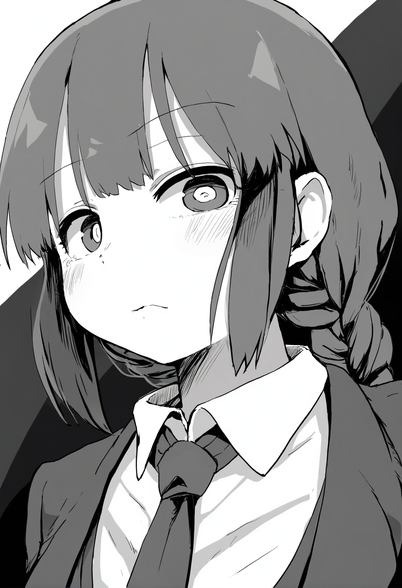 masterpiece, hyper detailed, best quality,(furry:1.3),1girl, monochrome, greyscale, makima \(chainsaw man\), solo, ringed eyes, looking at viewer, bangs, simple background, white background, collared shirt, shirt, close-up, braided ponytail, closed mouth, medium hair, braid, expressionless, formal, necktie, portrait, sidelocks  ,<lora:DAGASIXLlokr8f-000188:0.95>