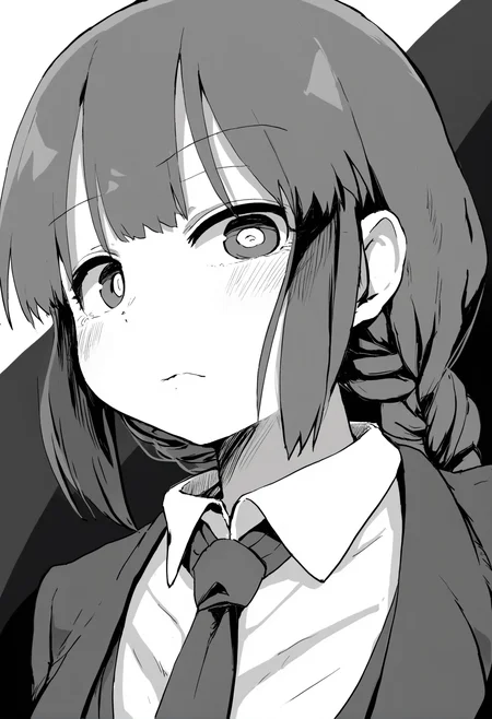 masterpiece, hyper detailed, best quality,(furry:1.3),1girl, monochrome, greyscale, makima \(chainsaw man\), solo, ringed eyes, looking at viewer, bangs, simple background, white background, collared shirt, shirt, close-up, braided ponytail, closed mouth, medium hair, braid, expressionless, formal, necktie, portrait, sidelocks ,<lora:DAGASIXLlokr8f-000188:0.95>