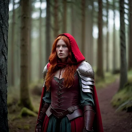 cinematic film still of <lora:Little Red Riding Hood style:1>
In The Woods a red hair woman with red hair and red armor on with face full of scars Full Shot Little Red Riding Hood Style, shallow depth of field, vignette, highly detailed, high budget, bokeh, cinemascope, moody, epic, gorgeous, film grain, grainy