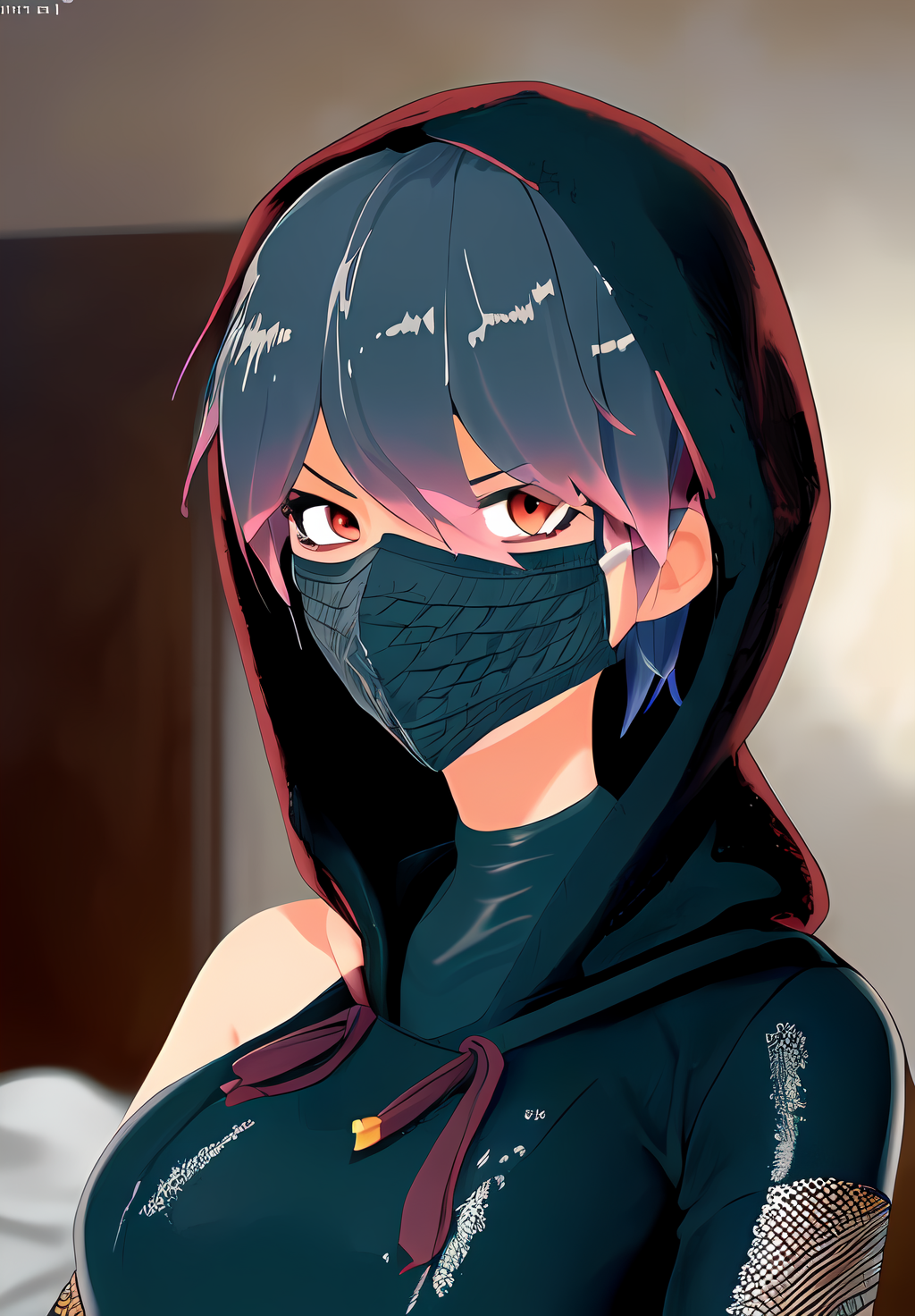<lora:konoichi_hatsume:0.8>, konoichi_hatsume, 1girl, solo, ninja, bodysuit, fishnets, face mask, hood, (seductive, alluring, charming:1.3), (highly detailed, high quality:1.3)