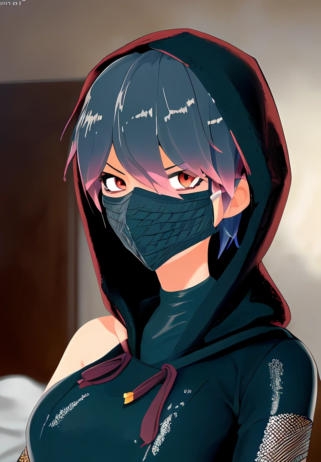 <lora:konoichi_hatsume:0.8>, konoichi_hatsume, 1girl, solo, ninja, bodysuit, fishnets, face mask, hood, (seductive, alluring, charming:1.3), (highly detailed, high quality:1.3)