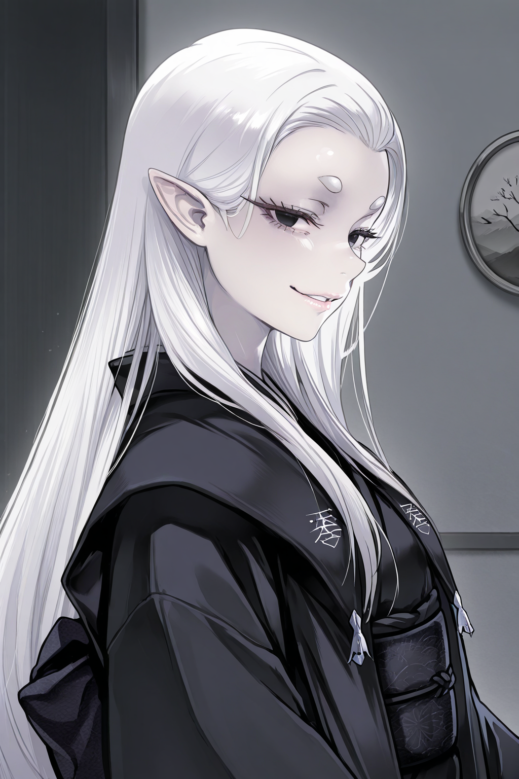 1girl,
CureNinjaSlayer, 
general, solo, from side, upper body, 
long hair, white hair, short eyebrows, black eyes, eyelashes,
pale skin, lips, 
black kimono, frills, obi, 
looking at viewer, evil smile,  
grey theme, japan, luxuriou room,
<lora:kp_CureNinjaSlayerIllustrious_v1_0:1.0>,
masterpiece, best quality, amazing quality