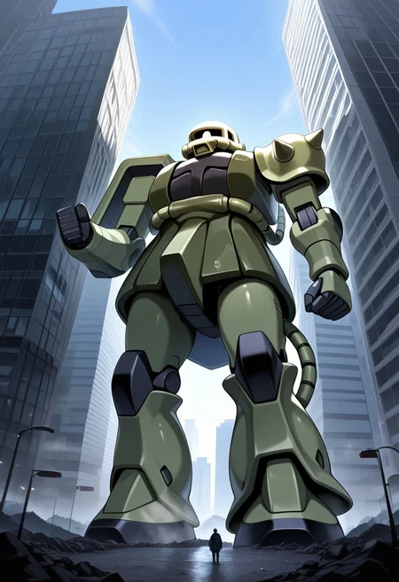 score_9, score_8_up, score_7_up, score_6_up, score_5_up, score_4_up, 4k quality, detailed, dramatic lighting, (zaku, mobile suit, monoeye), solo, 1boy, (no humans), best quality, masterpiece, ((giant, macro)), landscape, towering over city, bright sunny day, ((low angle view, full body)), looking at viewer