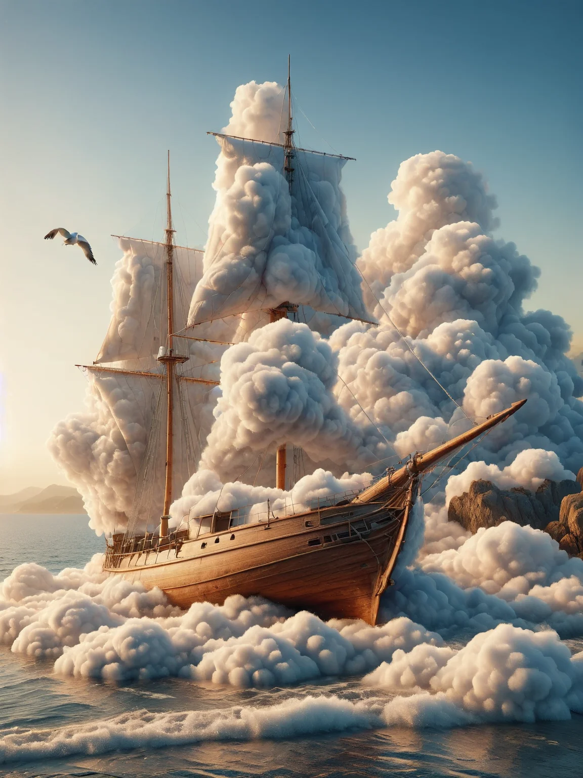 ais-cloudz antique wooden sailboat on calm ocean waters at dawn, seagulls in the background <lora:Cloudz_Style_SDXL:1>