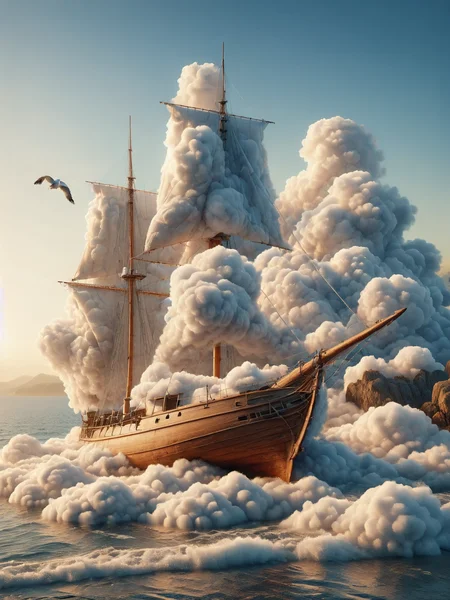 ais-cloudz antique wooden sailboat on calm ocean waters at dawn, seagulls in the background <lora:Cloudz_Style_SDXL:1>