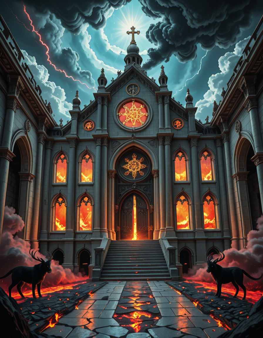 A once-majestic celestial temple, now under siege by the forces of Hell. The grand white stone structure is cracked and scorched, its golden crosses twisted and broken. The stained-glass windows, once glowing with warm divine light, are now shattered, with demonic symbols glowing ominously in their place. The sky, once a serene blue, is now consumed by dark storm clouds, swirling with red lightning and thick smoke.
Black, jagged chains extend from the sky, wrapping around the temple as if trying to pull it down into the abyss. The once-fluffy clouds beneath the structure are now a chaotic mix of fire, ash, and dark mist, with glimpses of molten lava cracks below. Infernal creatures with glowing red eyes lurk in the shadows, their silhouettes barely visible through the smoke and fire.
The temple doors are blown open, revealing an eerie red glow emanating from within, as if Hell itself is consuming the sacred space. Massive demonic runes are etched into the stone, pulsating with an unholy energy. The entire scene is bathed in a deep crimson and orange glow, giving it an apocalyptic and nightmarish atmosphere.
Style & Lighting:
- Dark fantasy, highly detailed
- Dramatic, high-contrast lighting with fiery glows
- Cinematic composition, epic scale
- Strong use of shadows, embers, and atmospheric foghighly detailed and atmospheric view from inside a massive birdcage, large enough for a human to stand inside. The cage is made of ornate, aged metal bars with intricate Victorian-style patterns, curving elegantly towards the domed ceiling. Sunlight filters through the gaps between the bars, casting long, dramatic shadows on the wooden floor. Delicate vines and small flowers have begun to grow around the bars, adding a touch of nature reclaiming the space. The background beyond the cage is blurred, hinting at a lush garden or a mysterious, abandoned mansion. The ambiance is serene yet slightly melancholic, with warm golden light illuminating dust particles floating in the air. Soft feathers are scattered on the floor, adding to the sense of quiet abandonment. The perspective makes the viewer feel as if they are inside the cage, looking outward, surrounded by both beauty and confinement. The style is highly detailed and realistic, with a cinematic and slightly surreal atmosphere.
<lora:SDXLFaeTastic2400:0.4> <lora:extremely_detailed:0.4> extremely detailed, <lora:evil_celestial_t3mpl3-i:1>,evil celestial t3mpl3, Masterpiece,best quality,hi res,8k,hi res,8k,award winning,(sharp focus, intricate, highly detailed),