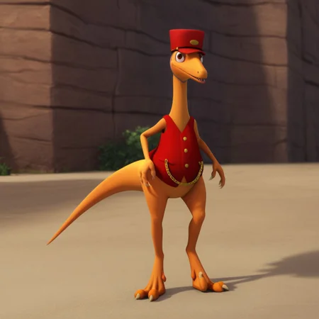 score_9, score_8_up, score_7_up, score_6_up, score_5_up, score_4_up, source_furry, dtmrconductorv2, semi-anthro, male, Troodon, orange skin, brown eyes, dinosaur, red vest, gold buttons, gold chain, red hat, chinstrap, standing, outside,