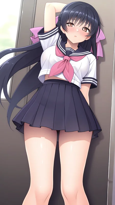 amazing quality,absurdres,best quality,masterpiece,highres,newest,detailed,detailed body,detailed face,masterpiece,best quality,solo,
Misono Rokujo,1girl,solo,school uniform,long hair,black hair,serafuku,brown eyes,skirt,bow,<lora:å
æ¡ç¾å:0.8>,