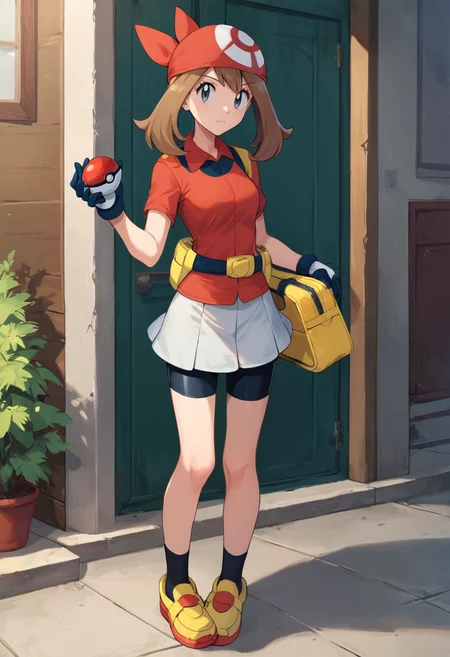 masterpiece,best quality, highly detailed, score_9, score_8_up, score_7_up, score_6_up,<lora:xl_more_art-full_v1:0.8>,source_anime,
BREAK
<lora:mayXL:0.8>may, 1girl, may (pokemon), solo, gloves, bandana, brown hair, holding poke ball, poke ball, holding, standing, bike shorts, black socks, short sleeves, red bandana, grey eyes, shirt, skirt, white skirt, socks, red shirt, full body, fanny pack, closed mouth, shoes, poke ball (basic), bangs, yellow bag, collared shirt, knees, long hair, shorts