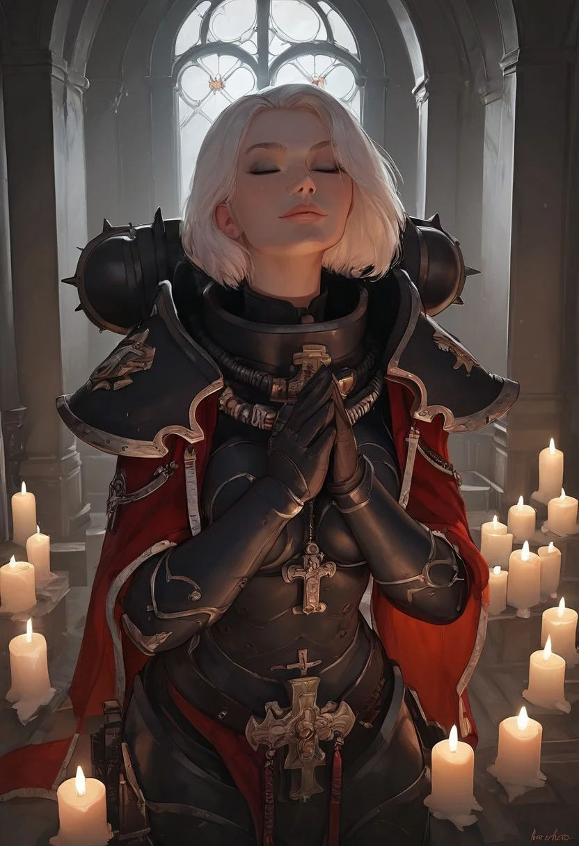masterpiece, best quality, highly detailed, score_9, score_8_up, score_7_up, score_6_up, Expressiveh,1girl, Sororitas, s0r0r1t@s, white hair, short hair, bob haircut, bangs, makeup, freckles, sororitas, armor, shoulder armor, pauldrons, power armor, toned, natural breasts, kneeling, praying, eyes closed, moonlight, soft smile, beautiful background, cathedral, church, candlelight, night, moonlight, beautiful lighting