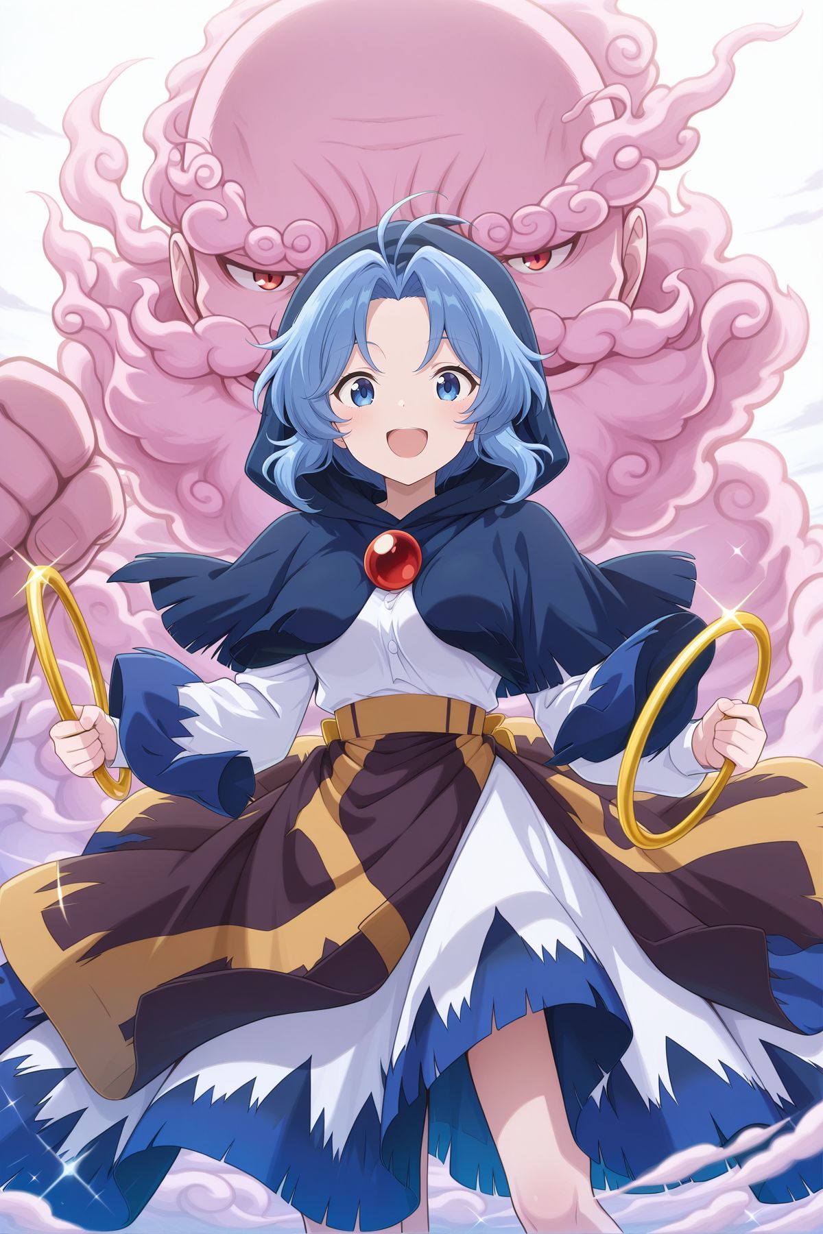 absurdres, highres, masterpiece, best quality, amazing quality, official anime artwork, screencap, anime screencap, 
<lora:Ichirin-Kumoi_Illustrious:1> kumoi ichirin, 1girl, solo, blue eyes, blue hair, short hair, antenna hair,, blue capelet, hooded capelet, hood up, white dress, long sleeves, holding hoop,
outdoors, looking at viewer, open mouth, happy, dynamic pose, unzan, sparkle, light particles, serious, smile,
