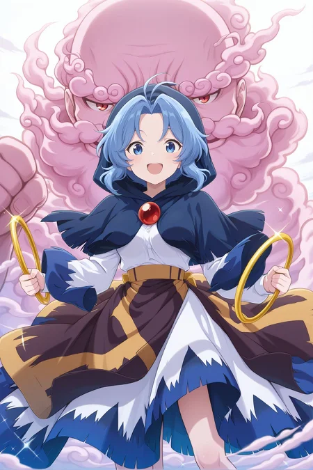 absurdres, highres, masterpiece, best quality, amazing quality, official anime artwork, screencap, anime screencap, 
<lora:Ichirin-Kumoi_Illustrious:1> kumoi ichirin, 1girl, solo, blue eyes, blue hair, short hair, antenna hair,, blue capelet, hooded capelet, hood up, white dress, long sleeves, holding hoop,
outdoors, looking at viewer, open mouth, happy, dynamic pose, unzan, sparkle, light particles, serious, smile,