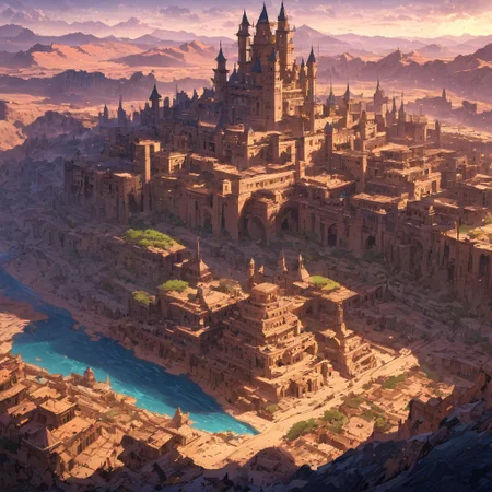 masterpiece, ancient city, towers, buildings, castle, landscape, epiCPhoto, epic proportions, towers, Roman architecture, desert, two moons, river, giant crocodile, easynegative