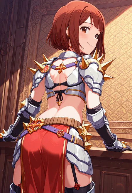 masterpiece, best quality, very aesthetic, absurdres, newest,
mirishita, kotoha, 1girl, (medium bob hair), (medium breasts:0.5), (cleavage:0.75),
(happy:0.25), (seductive smile:0.25), (blush:0.25), intricate, vivid, complex, ultra-detailed,
Cowboy shot, (from behind: 1.5), looking back, smile,
Standing with legs apart, seductive posing,
runeKnightRO, armored dress, armored skirt, navel, midriff, garter straps, gauntlets, jewelry, pauldrons, belt, red pelvic curtain, loincloth, cross necklace, shoulder spikes, front-tie top, breastplate, black gloves, vambraces, armored boots,
highly detailed background, complex background,