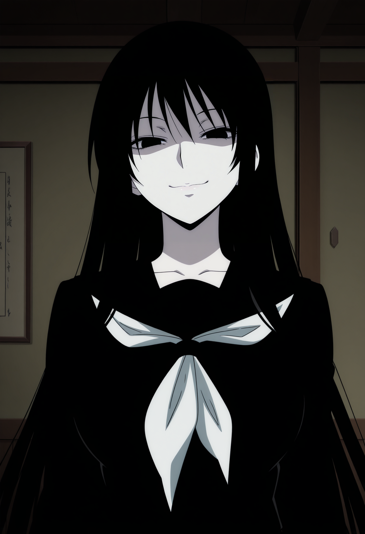 1girl,solo,mm,mature female,pale skin,black hair,long hair,black eyes,large breasts,anime coloring,
black serafuku,school uniform,upper body, smile,looking at viewer, indoors
,masterpiece,best quality,amazing quality,<lora:Hagoromo_Gitsune-Nurarihyon_no_Mago_r2:0.8>