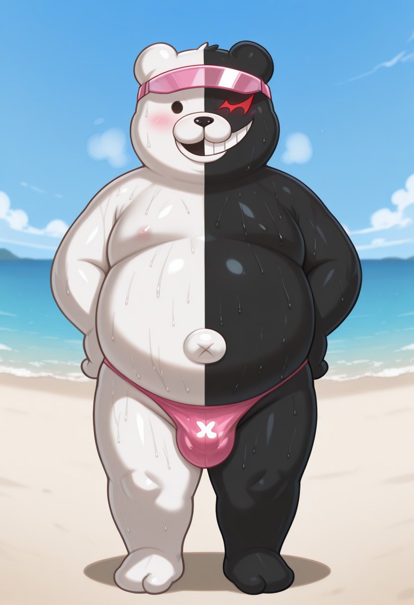 Monokuma, Bear, 2d, solo, 1boy, male, bear, genetic chimerism, white skin, black skin, two tone skin, split color skin, black eye, red eye, no sclera, heterochromia, teeth, black nose, evil grin, blushing, pink visor, fat, overweight, pink thong, bulge, sweaty, steam, musky, posing
BREAK beach background, blue sky, best quality, amazing quality, very aesthetic, absurdres, newest, masterpiece, shortstack, C41, civifur