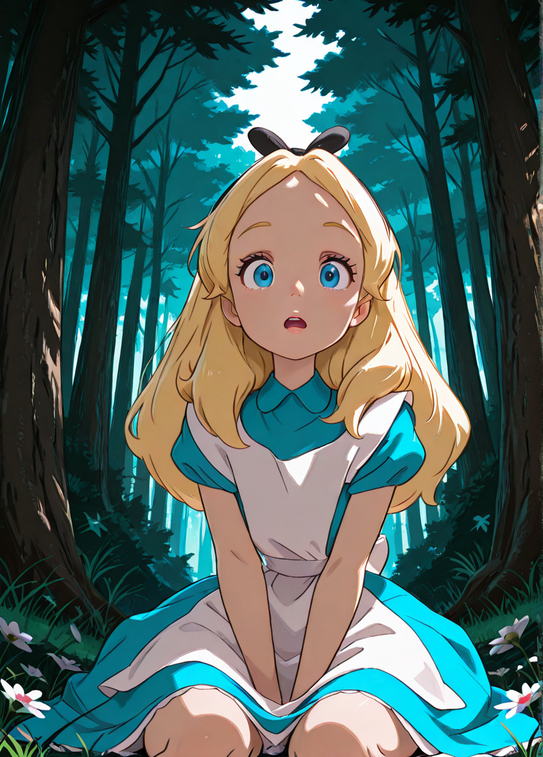 masterpiece, best quality, amazing quality, very aesthetic, absurdres, newest, 4k, 8k, dynamic angle, official style, (jaggy lines, sugimorixd:1.2), outdoors, forest, flowers, grass, sitting, looking at viewer,
alicexd, 1girl, solo, blonde hair, long hair, hairbow, blue dress, white apron, bow, white thighs, lips, blue eyes, 
round mouth,
<lora:Expression_Detailer_Illustrious_Lora:0.85>, <lora:sugimoi:1>,  <lora:Alice_-_Disney_Illustrious:1>