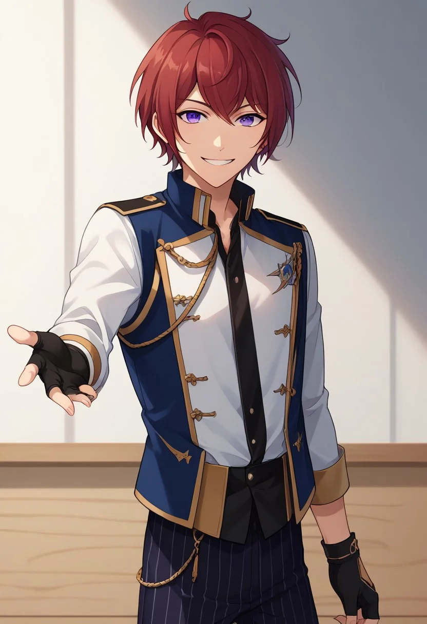 score_9, score_8_up, score_7_up, source_anime, highly detailed, 
tsukasasuou, 1boy, male focus, solo, gloves, purple eyes, red hair, black gloves,
striped, smile, fingerless gloves, looking at viewer, striped pants,
idol clothes, pants, knights uniform, upper body
indoor, stage