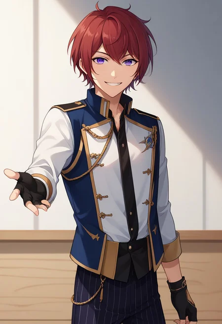 score_9, score_8_up, score_7_up, source_anime, highly detailed,
tsukasasuou, 1boy, male focus, solo, gloves, purple eyes, red hair, black gloves,
striped, smile, fingerless gloves, looking at viewer, striped pants,
idol clothes, pants, knights uniform, upper body
indoor, stage