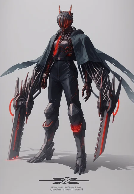 knight(((Chainsaw Man))(stunning, magnificent, HD, photorealistic, dramatic lighting, intricate details, armor beautiful patterns, realistic , mythical, legendary, powerful, cinematic,, masterpiece, perfect anatomy, perfect composition, perfect hand,), , (((glowing red core on armor))), armor highly detailed patterns on armor), torn cloak , full body fits into the image, full body visible, ), claws, gauntlet, digital illustration of a futuristic, armored humanoid figure. The subject is dressed in a highly detailed, dark, and bulky exosuit with intricate mechanical components and white accents. The suit features various textures and layers, including a cloak-like garment with angular, geometric shapes. The figure's head is adorned with a helmet that has two antenna-like protrusions and a visor, giving it a robotic appearance. The suit has several logos and text in white, including a prominent circular emblem on the chest and arm. The overall design is sleek and modern, with a strong emphasis on technology and advanced, ,(((huge arms with cylinders mechanical components)))Power