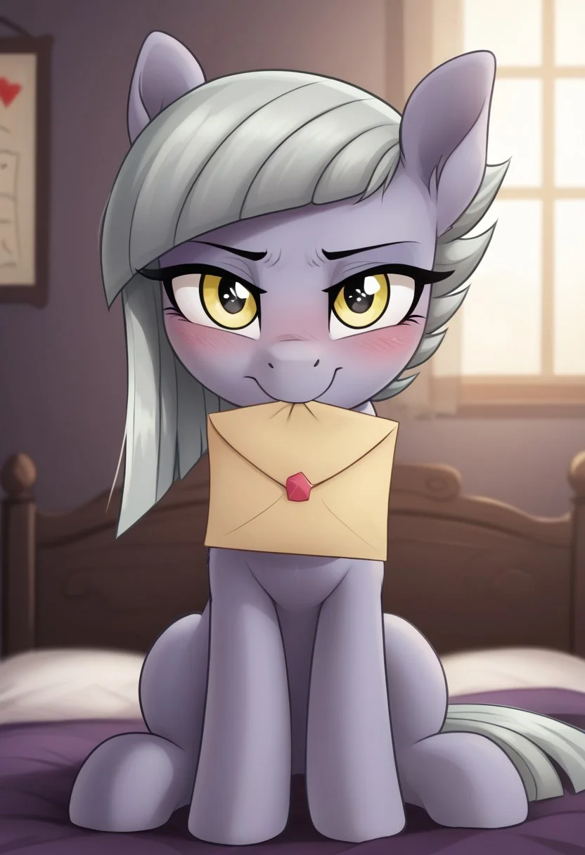 score_9, score_8_up, score_7_up, score_6_up, score_5_up, score_4_up, g4, solo, pony, feral pony, limestone pie, sit, on knees, letter on mouth, shy, happy, star eyes, happiness, delight, look at you, bed, blushing, cute, glare, high res,